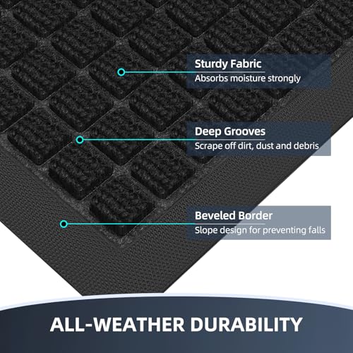 Front Door Mat Outside Entrance, Heavy Duty Waterproof Doormat | 35.5"x24" Indoor/Outdoor Dirt Trapper with Non-Slip Rubber Backing, Low Profile Easy Clean, Stain & Fade Resistant Black - color: Black, size: 2' x 2'11" (Rectangular)