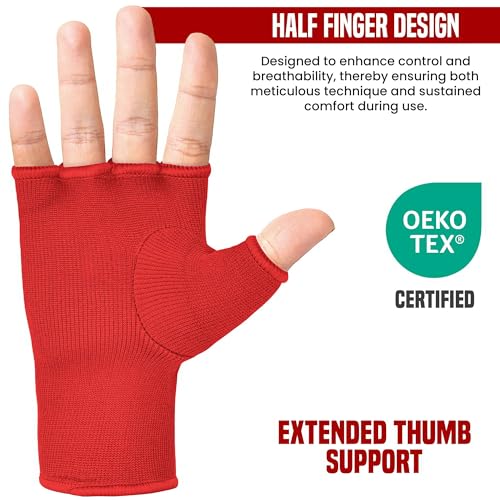 RDX Boxing Hand Wraps Inner Gloves Men Women, Half Finger Elasticated Bandages, Under Mitts Fist Protection, Muay Thai, Kickboxing, MMA, Martial Arts Speed Bag Punching Training - color: Red White, size: Medium