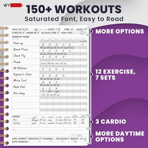 Fitness Journal Royal Purple on 150+ Workouts + Yearly Calendar + 55 Tracking Values - A5 Workout Journal with Fat tracking - Planner to 12 items to track + 7 comparative periods + Goals