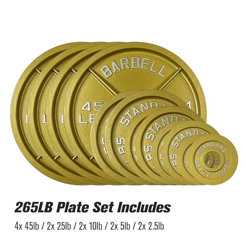 Gold Finish Olympic Steel Plates - Pairs and Sets 2 Inch Barbell Standard in Premium Gold for Weight Lifting - color: 265lb Set