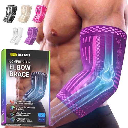 BLITZU Elbow Compression Sleeve for Tendonitis, Tennis Elbow Brace 2 Pack S | Targeted Arm Support, Joint Stability, Muscle Recovery, Workout Protection, Tendonitis & Arthritis Relief, All-Day Comfort - color: Purple, size: Small