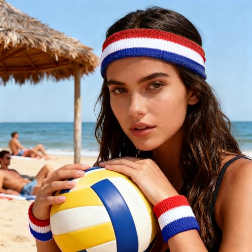 36 Pcs Wrist Sweatband Set Sports Headband Wristband Set for Men Women Party Sports Cotton Headbands Athletic Sweat Bands for Tennis Football Gym Workingout Accessories - color: Red White Blue Strip