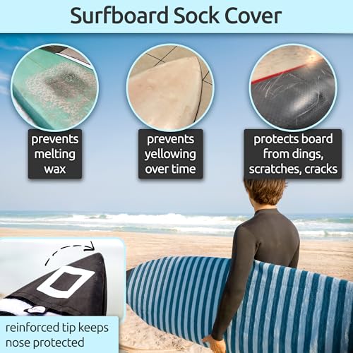 Surf Squared Surfboard Sock Cover and Paddleboard Cover - Lightweight Stretch Protective Surfboard Bag - Surfing Accessories - Shortboard, Longboard, Hybrid, Wakesurf, Standup Paddleboard SUP - color: Aqua, size: 7'6" Hybrid