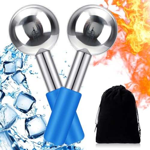 Baderke 2 Pcs Ice Globes for Face Stainless Steel Cooling Globes Unbreakable Cooling Roller Women Ice Balls Cryo Sticks Facials Skin Care for Dark Circles, Puffiness(Silver (Blue Handle)) - color: Silver (Blue Handle)