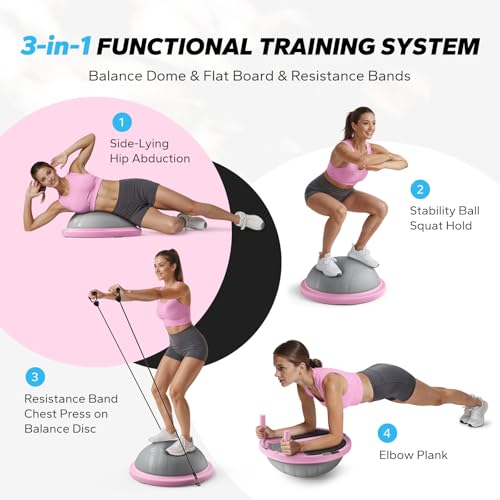 MERACH Balance Ball Trainer, 18 Inch Half Exercise Ball with Resistance Bands and Foot Pump, Half Yoga Ball for Core Strength Training, 450lb Capacity - color: Pink