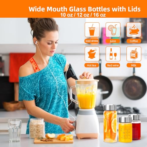 Glass Juice Bottles 4 Pack 12 oz - Wide Mouth Glass Water Bottles with Lids - for Juicing, Smoothies, Milk, Protein, BPA Free, Reusable, Stainless Steel Lids, Leak Proof, Shaker bottle (400 ml) - color: 4-Pack, size: 12 oz/400 ml