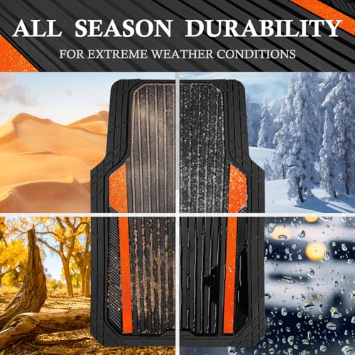CAR PASS Heavy Duty Rubber Car Mats Metallic, Aluminum Film All Weather Floor Mats Waterproof Universal Trim to Fit SUVs Sedans Vans 4 Piece Anodized Deep Dish Two-Tone Sporty Black Orange Chrome - color: Black Orange