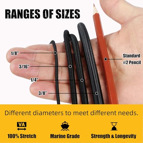 Marine Grade Bungee Cords Heavy Duty Outdoor - Bungee Cord Roll - 100% Stretch Elastic Cord and Absorbent Bungee Shock Cord for Kayak Deck, Camping, Crafting (3/8" x 100ft) - size: 3/8" x 100ft