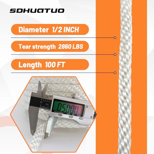 SDHUATUO 1/2 Inch Nylon Solid Braided Rope, 100FT Polyester Cord White | 2860 lbs, UV Resistant & Wearproof, Soft Flexible Rope for Swings, Camping Tent, Flagpole, Marine and Outdoor Twine, Boating - color: White, size: 1/2''-100ft