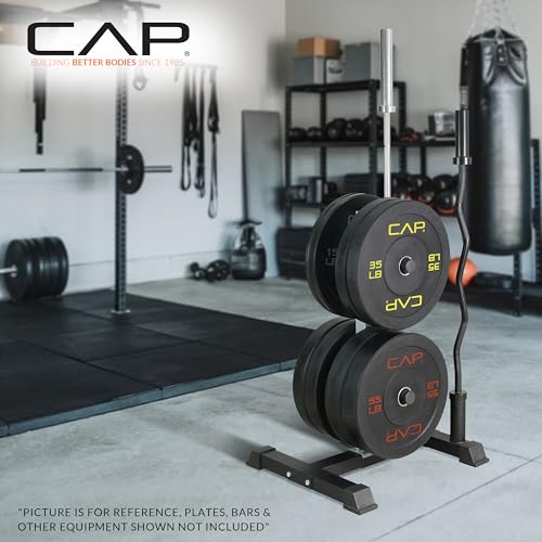CAP Olympic Bumper Plate Tree Rack with Barbell Holders, Heavy-Duty Weight Plate Storage Rack for Home Gym, Steel Olympic Plate Organizer Stand, Multiple Color & Size Options - color: Gray, size: 4-Plate Posts / 2 Bar Holders