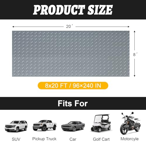 Grandroad auto 8x20 FT Garage Floor Mat, 2.8mm Thickened Flooring Roll for Under Car Diamond Plate PVC Rubber Mat with 20 Pcs Tapes, Non-Slip Floor Mat for Garage, Warehouse, Gyms, Trailer, Gray - color: Grey, size: 8×20FT