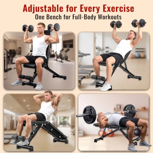 HEROGIFT Adjustable Weight Bench, 144 Configurations with 3-Position Headrest, Foldable Workout Bench with Extended Backrest, 600 LB Capacity for Home Gym Full Body Strength Training