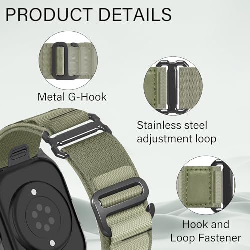 Alpine Loop Nylon Band - Compatible with Apple Watch Ultra 2/Ultra Bands 49mm 45mm 44mm for Men Women, Adjustable with Metal C Hook Strap for iWatch Ultra 2 iWatch Ultra Series 10 46mm SE/9/8/7/6/5 - color: Alpine/Olive Black