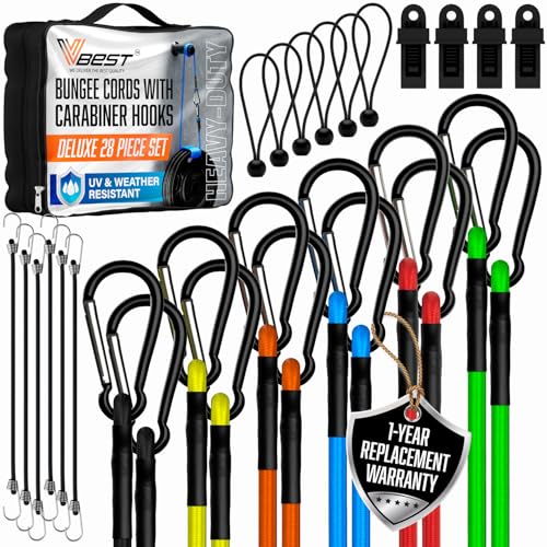 Carabiner Bungee Cords with Hooks - Heavy Duty Outdoor 28 Pack Assortment Includes 4 Free Tarp Clips, Canopy Ties, Bunnies Ball & Storage Bag - size: 28 Piece Multicolor Assorted Sizes Set