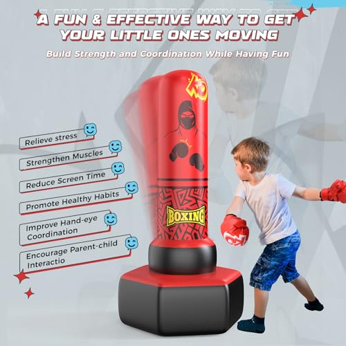 ODOSOLA 67'' Inflatable Punching Bag Freestanding for Kids Aged 3-12 – Heavy Duty Boxing Set for Karate & Taekwondo, Stable Boxing Bag Active Kids Toy, Christmas Birthday Gift for Boys and Girls - color: Red