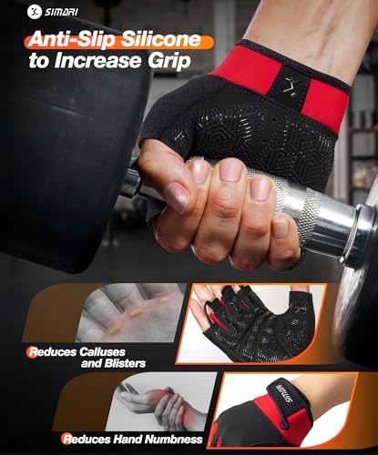 SIMARI Breathable Workout Gloves with Cushion Pad/Grip/Reduce Calluses, Weight Lifting Gloves for Gym Exercise, Cycling, Weightlifting Training, Fitness, Pilates, Kayaking, Gift for Men & Women - color: 3-Red, size: Small