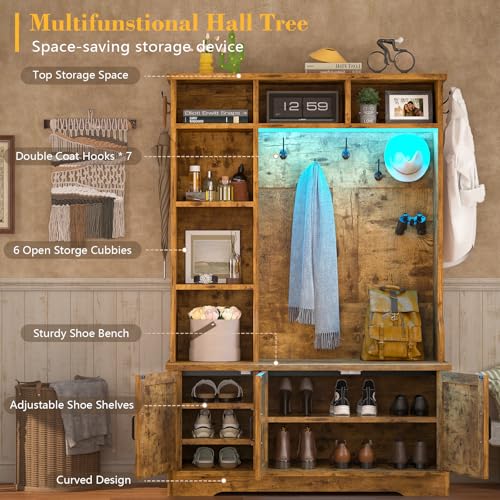 CSZZD Hall Tree with Bench and Shoe Storage, Farmhouse Entryway Bench with Coat Racks and Led Lights, Tall Hall Tree with 7 Coat Hooks, 6 Storage Cubbies, Adjustable Shelf, Rustic - color: Rustic Brown, size: 39.4"