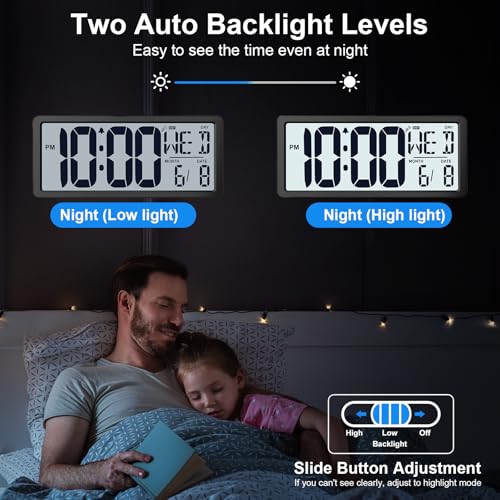 Backlight Digital Wall Clock Battery Operated with Bluetooth Time Sync/No Setup Required, 15'' Large Digital Wall Clock with Day, Date & Temperature, Large Digital Clock for Bedroom, Office - color: Black