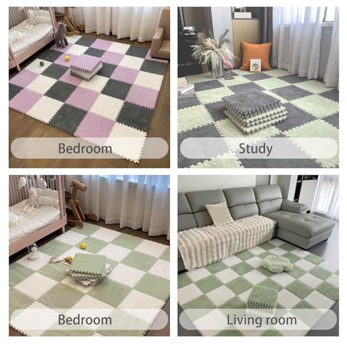 Thickened Soft Plush Foam Interlocking Floor Carpet Mat, 24 Pcs 12x12x0.4 Inch Fluffy Square Puzzle Foam Carpet Tiles with Edgings(Color:Apricot) - color: Apricot