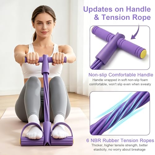 Pedal Resistance Band with Handle, 6-Tubes Tesistance Bands with Handles, Natural Rubber Foot Pedal Resistance Band, Multifunctional Exercise Bands for Abdomen, Waist, Leg, Arm - color: Purple