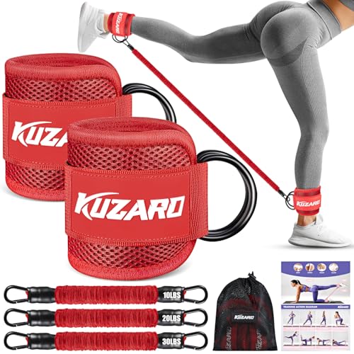 KUZARO Ankle Resistance Bands with Cuffs, Ankle Weights Bands for Working Out, Women Leg and Glutes Workout Equipment, Exercise Bands for Kickbacks, Butt and Booty Trainer, Home Gym Fitness Equipment - color: Red