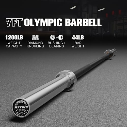 RitFit Elite 7ft Olympic Barbell, Robust 45lb Barbell for Weightlifting and Powerlifting, Superior Olympic Bar with Exceptional 500lbs Load Capacity, Weight Bar for 2” Standard Plates - color: Silver/Black, size: 7 ft 1200 lb 45 lb without Collar