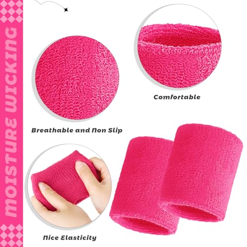 Bememo 24 Pcs Wrist Sweatbands Bulk Sports Wrist Bands for Men Women Breathable Athletic Tennis Wristbands Stretchy Absorbent Cotton Terry for Basketball, Baseball, Gym, Working Out - color: Neon Pink