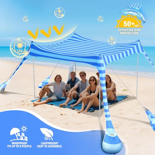 2PM SPORTS Beach Tent Sun Shelter 10x10 FT - UPF 50+ UV Protection, 8 Sandbags, Easy Setup, Portable Beach Shade Canopy for Family Picnic Camping Travel - color: Striped blue