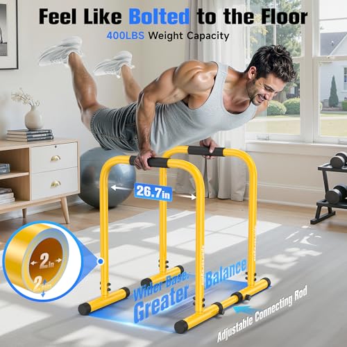 Sportsroyals Adjustable Dip Bar Station, Heavy Duty Parallette & Parallel Bars, 400LBS Stable Dip Stands for Home Gym, Calisthenics & Upper Body Workout Equipment - color: yellow