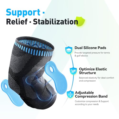 AGPTEK Elbow Compression Sleeve with 2 Gel Pads, Pain Relief Elbow Brace Tendonitis and Tennis Golfer's Elbow, Breathable Arm Sleeve Support for Tennis, Golf, Basketball, Weightlifting, L - size: L