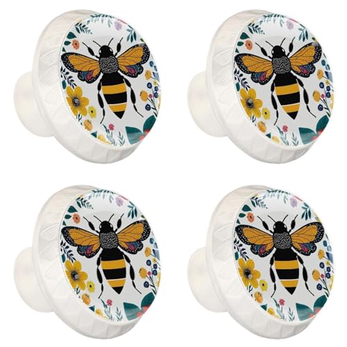 4 Pack White Cabinet Knobs Round Drawer Pulls, Bee Floral Drawer Handles, Kitchen Hardware for Dresser Drawers Closets Cupboard Bathroom Bedroom Home Decor - color: Bee Floral