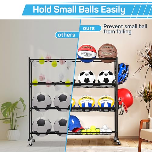 Mythinglogic Basketball Rack, Ball Storage with Baseball Bat Holder, Rolling Ball rack with Removable Nylon Mesh for Various Ball Sizes, Basketball Holder for Football Basketball Soccer Ball | Holds up to 12 sports balls with 2 removable nylon mesh shelve