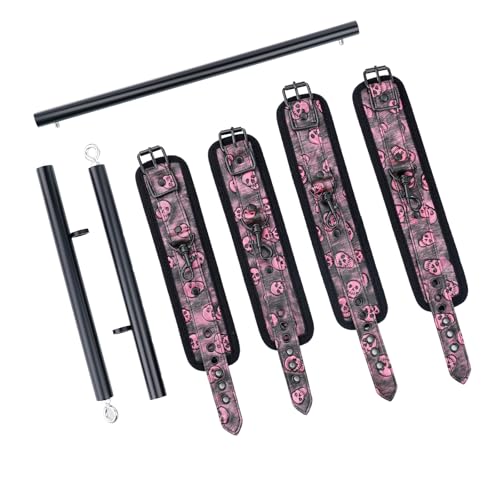 Spreader Bar Heavy Duty Stainless Steel Expandable Bar Home Gym with 4pcs Furry Crocodile Adjustable Strap,Sports Aid Training Pilates Aid Kit,Indoor Yoga Set - style: Black+Black-Pink PU Kit