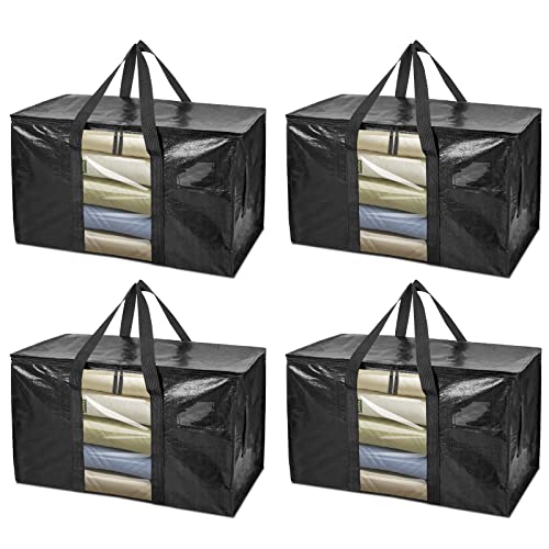 BALEINE 4-Pack Oversized Moving Bags with Reinforced Handles, Heavy-Duty Storage Tote Moving Supplies for Packaging, Camping (Black w/Window, 4-Pack) - color: Black-window, size: 4-Pack