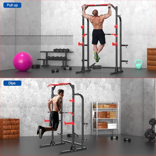 SunHome Power Cage Squat Rack, Power Rack with Pulley System, Adjustable Cable Crossover System, J-Hooks, Dip Handles, Weight Plate Storage - color: Half Power Cage