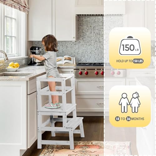 Elevon Kitchen Step Stool with Safety Rail, Multipurpose Standing Support Platform, Wooden Anti-Slip Step with Stable A-Frame Structure for Home Use, White - color: White