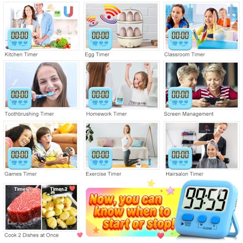 Antonki 2 Pack Digital Timer for Kids, Magnetic Countdown Kitchen Timers for Cooking, Egg, Classroom, Teacher, Exercise, Study, Oven - Battery Included - color: Clear Blue