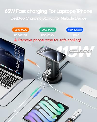Kakyanill 115W USB Charging Station, Power Strip Tower with 9 AC 8 USB | 6Ft Flat Plug Retractable Extension Cord, for Home Office Dorm, Black - color: Black&Orange