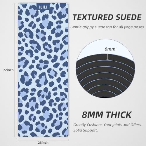 ILILI Yoga Mat Leopard Print Yoga Mat 8mm, Suede & TPE Thick Exercise Mat, Workout Mat for Women Men, 72''x25'' Fitness Mat with Strap for Home Gym, Yoga, Pilates, Stretching - color: Blue