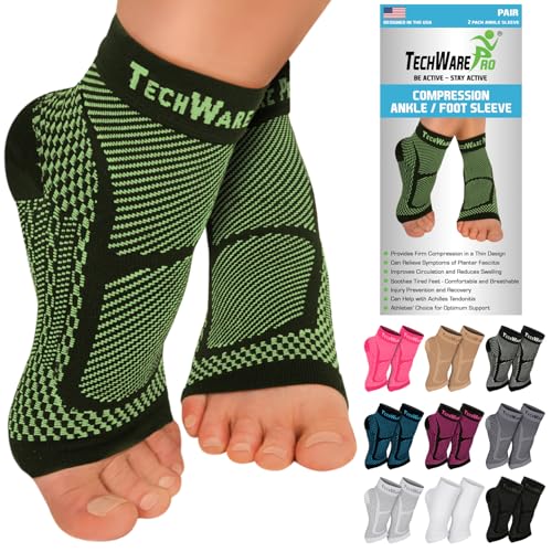 TechWare Pro Ankle Brace Compression Sleeve - Plantar Fasciitis Sock. Relieves Achilles Tendonitis. Foot Arch Support Reduces Joint Pain, Swelling & Heel Spur Pain. Injury Recovery Braces for Sports - color: Black / Green, size: S / M (see size chart)
