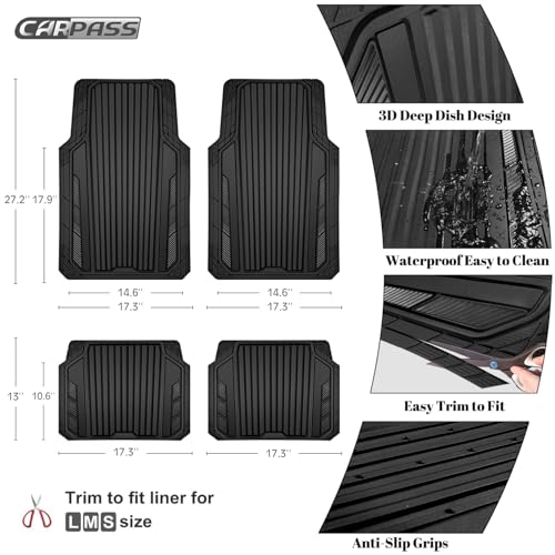 CAR PASS Heavy Duty Sporty Rubber Car Mats, Deep Dish All Weather Car Floor Mats Full Set, Waterproof Anti-Slip Automotive Matts Rugs Trim to Fit for Most Sedans SUVs Vans, All Black - color: black