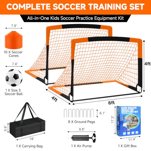 Soccer Goal, Kids Soccer Goals for Backyard Set- 2 Pack of Portable Pop Up Soccer Nets with Ball,Cones,Soccer Training Equipment for Toddler,Youth Outdoor Backyard Game - color: Orange Black, size: 6x4 FT
