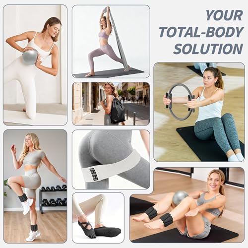 NANATI Pilates Kit, Home Pilates Workout Kit for Women, Pilates Equipment with 14.5" Pilates Ring and Ball, Resistance Bands, Ankle Weights, Sliders & Grip Socks for Home Workouts - color: Grey