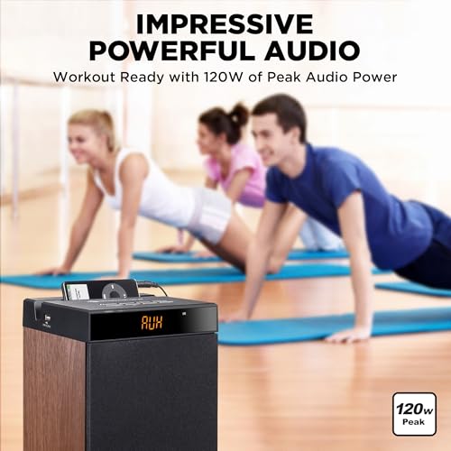 GOgroove Bluetooth Tower Speaker with Subwoofer Built in - Floorstanding Home Speaker with Powerful Bass and Dual Drivers, 120W Peak Power, MP3 3.5mm Aux, USB 2.0 Port Flash Drive, FM Radio (Walnut) - color: Brown