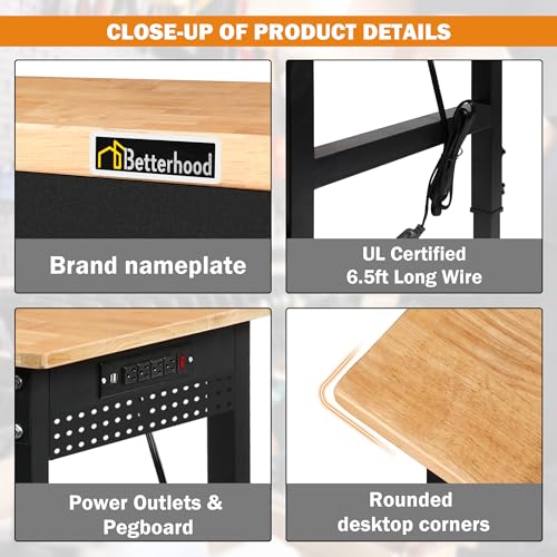 Betterhood 70" Adjustable Workbench on Wheels, 2000 LBS Heavy Duty Work Table with Power Outlets & Pegboard, Rubber Wood Workstation for Garage, Workshop, Office, Home, Commercial - size: Metal Wheels / Pegboard / Power Outlets / 70"x21"
