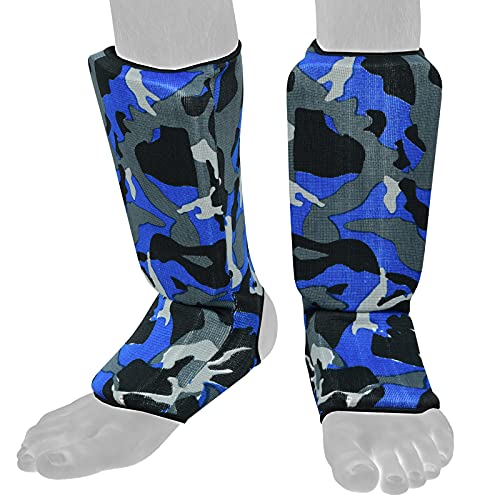 Be Smart Kids, Adults, Youth, Men and Women Muay Thai MMA Kickboxing Shin Guards, Instep Guard Training, Sparring Protective Gear Equipment Shin Kick Pads - color: Blue Camo, size: XXXS ( 3 to 8 Years )