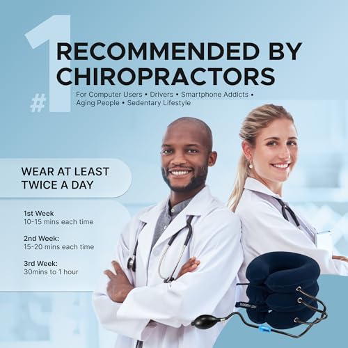 Inflatable Neck Stretcher for Neck Pain Relief, Cervical Traction Device with Hand Pump, 3-Layer Adjustable Neck Decompression Collar for Pinched Nerve, Stiff Neck & Tech Neck Support | Breathable Material - color: Midnight Navy Blue