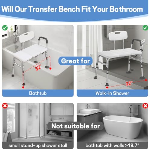 TABEKE Tub Transfer Bench for Bathtub, Tool Free Assembly Shower Chair with Backrest & Armrest, Height Adjustable Shower Bench, Shower Seat for Elderly and Disabled
