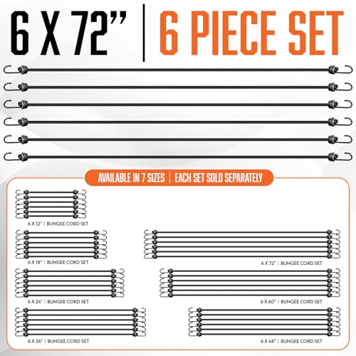 Extra Long Bungee Cords with Hooks - Large Heavy Duty Outdoor Black Bungie Straps Set of 6 Pieces 72 Inch 6 Ft - size: 6x72" - 6 Piece 6 ft