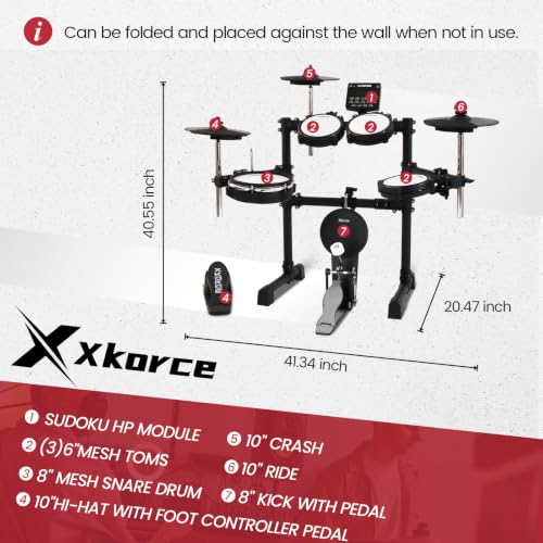 Electronic Drum Set Electric Drum Kit with 4 Quiet Mesh Pads and 6" Kick Drum, 360 Sounds, Headphones, Sticks, Dual Bluetooth function, Suit for Beginner - size: Bhp70k